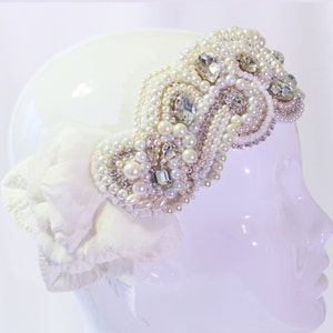 Art Deco Bridal Pearl Bandeau, Swarovski Crystal Bridal Bandeau, Pearl and Crystal Bridal Headpiece image 2