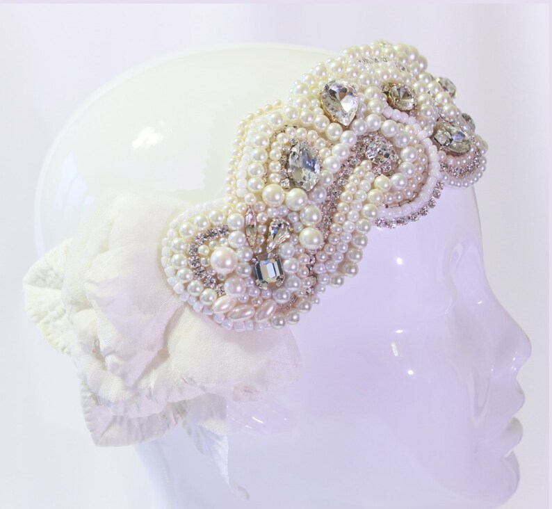 Art Deco Bridal Pearl Bandeau, Swarovski Crystal Bridal Bandeau, Pearl and Crystal Bridal Headpiece image 2