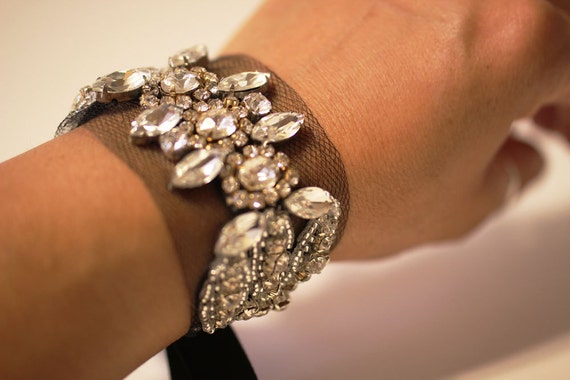 Navy Blue Swarovski Bridal Bracelet, Blue Tulle Bridal Cuff  display picture 3