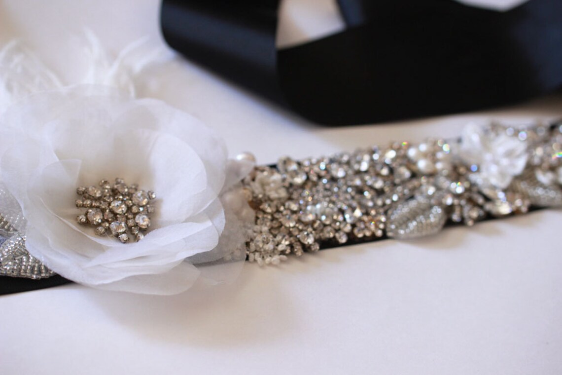 Luxe Silk Flower Bridal Sash With Rhinestones and Vintage Etsy