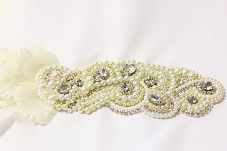 Art Deco Bridal Pearl Bandeau, Swarovski Crystal Bridal Bandeau, Pearl and Crystal Bridal Headpiece image 3