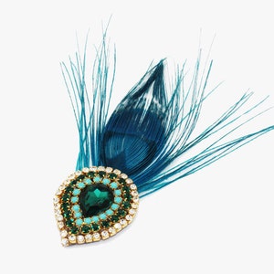 Rhinestone Peacock Feather Hair Clip in Teal image 2