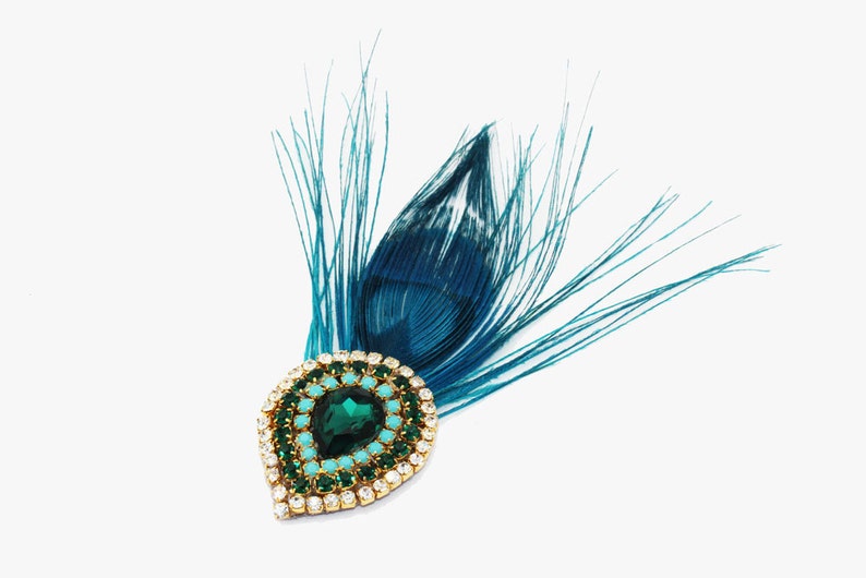 Rhinestone Peacock Feather Hair Clip in Teal image 2