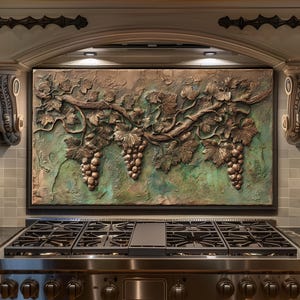 May include: A bronze-colored relief sculpture of grape vines and bunches of grapes. The artwork is mounted above a stainless steel gas range in a kitchen setting. The sculpture has a green and brown background.