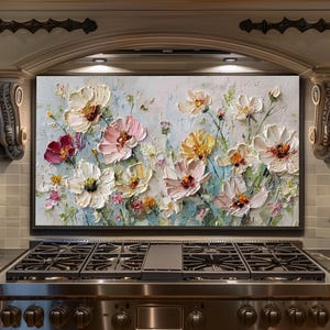 Op de afbeelding: Een ingelijst olieverfschilderij met getextureerde witte, roze, gele en rode bloemen tegen een lichtblauwe achtergrond. Het kunstwerk wordt tentoongesteld boven een roestvrijstalen gasfornuis en voegt een vleugje natuur toe aan de keuken.