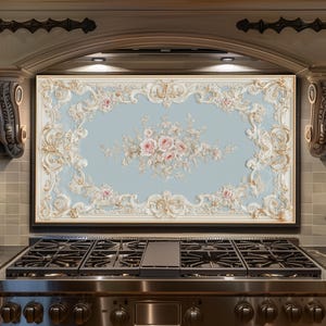 Pode incluir: Um painel decorativo de cozinha com um fundo azul claro e um design floral. O design inclui rosas cor-de-rosa e volutas brancas e douradas ornamentadas. O painel é emoldurado em madeira escura.