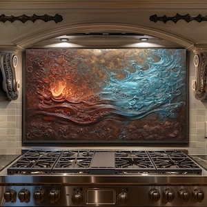 Fire and Water Abstract Glass Backsplash, Blue Flame Wall Art, Modern Kitchen Panel Decor