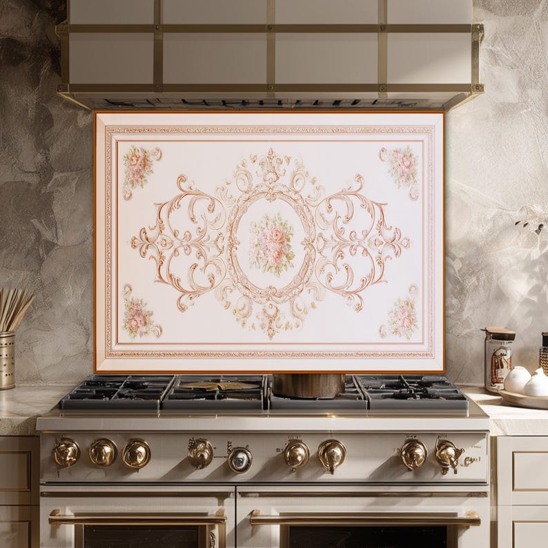 Vintage Baroque Floral Backsplash – Cream Copper Rose Design Tempered ...