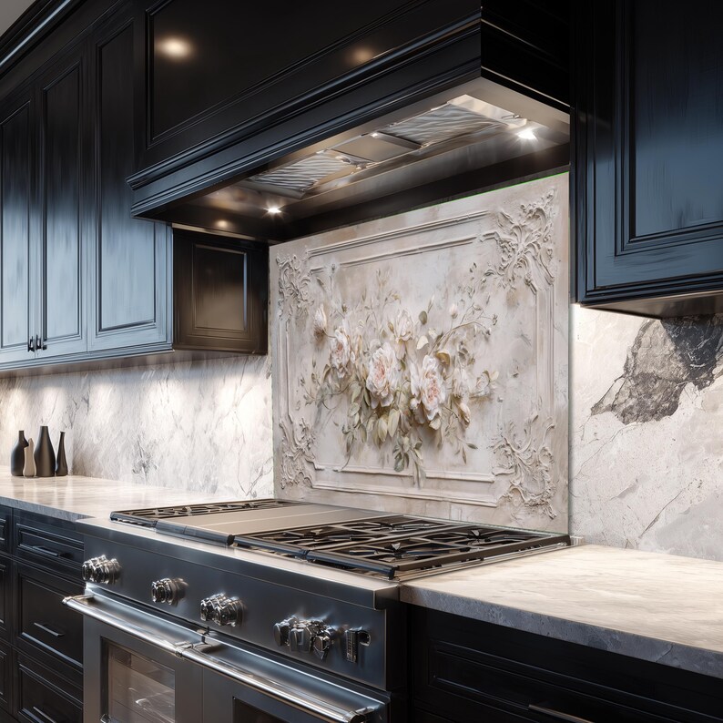 Floral Glass Kitchen Backsplash – Beige Baroque Rose, Shabby Chic Stove ...