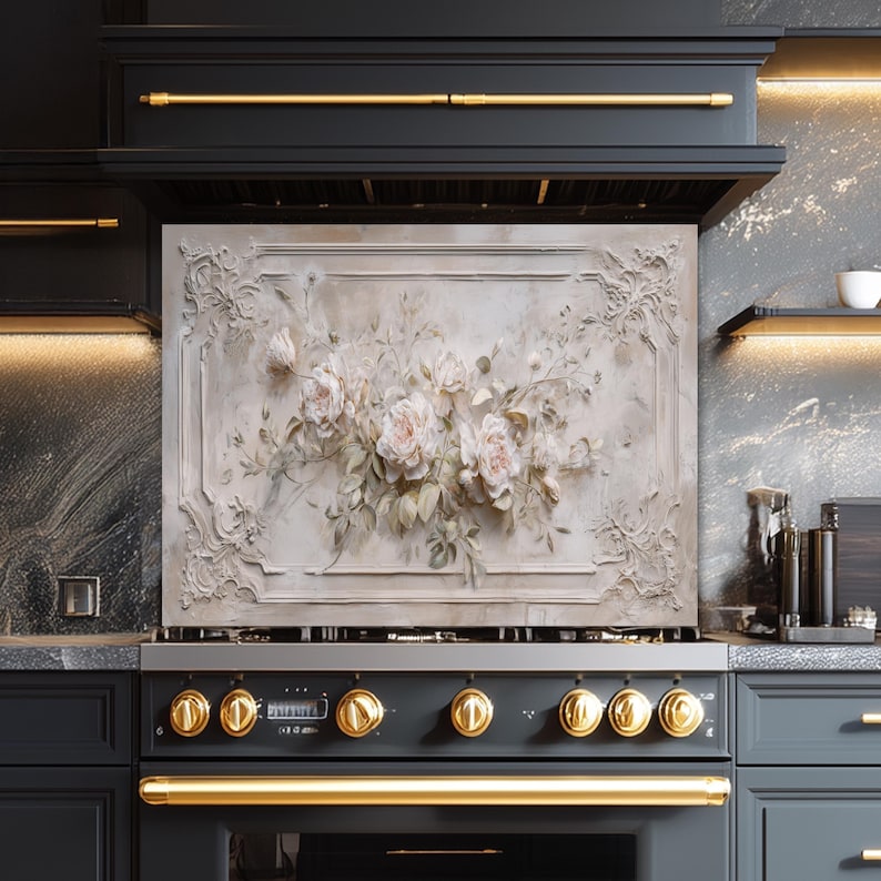 Floral Glass Kitchen Backsplash – Beige Baroque Rose, Shabby Chic Stove ...