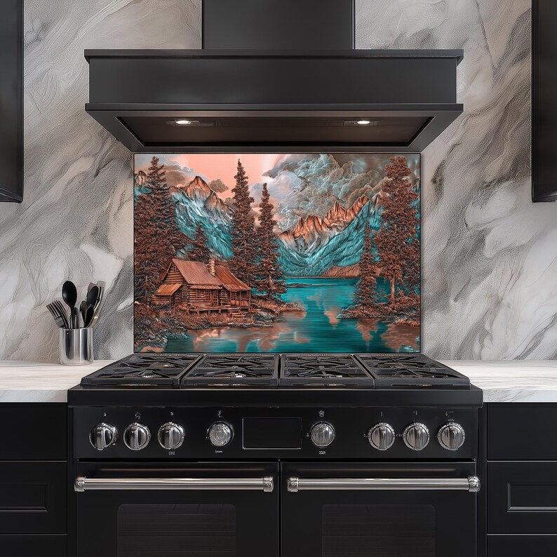 Copper Cabin Backsplash – Mountain Lake Glass Backsplash Panel – Rustic ...
