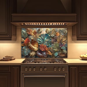 Tropische bladtegel glazen achterwand metallic jungle bladeren keuken muurdecor groenblauw goud botanisch mozaïekstijl