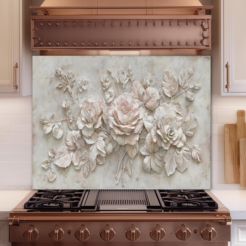 3D Floral Rose Backsplash – Beige Peony Relief Tempered Glass ...