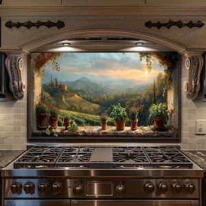 May include: A stainless steel gas cooker with six burners and a decorative range hood. The hood has a painted mural of a Tuscan landscape with potted plants on a stone ledge, creating a scenic kitchen focal point.
