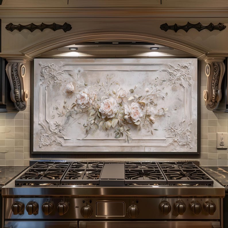 Floral Glass Kitchen Backsplash – Beige Baroque Rose, Shabby Chic Stove ...
