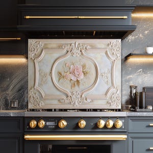 Luxury Baroque Rose Backsplash – Classic Beige Floral Tempered Glass ...