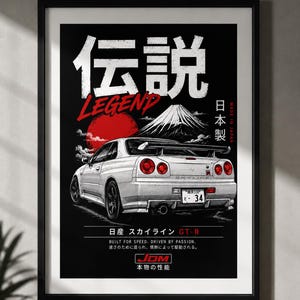 May include: A framed poster featuring a white Nissan Skyline GT-R viewed from the rear. The design includes a red sun, Mount Fuji, and Japanese text including 伝説 and 日産 スカイライン GT-R. The text reads LEGEND, MADE IN JAPAN, and BUILT FOR SPEED. DRIVEN BY PASSION.