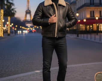 Men’s Fur Lined Leather Jacket – Black Shearling Winter Bomber Coat