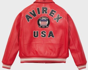 Luxury Avirex-Style Red Leather Bomber Jacket – Men’s Street Fashion