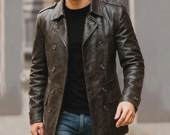 Men's Handmade Genuine Leather Trench Coat | Vintage Brown Peacoat