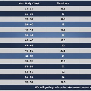 May include: A size chart with measurements for chest, shoulders, and sleeves. Sizes range from XXS to 8XL, with corresponding measurements in inches. The chart includes the text: "We will guide you how to take measurements."