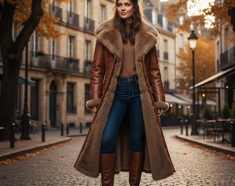 Luxury Women’s Shearling Leather Long Coat – Brown Fur Lined Winter Jacket