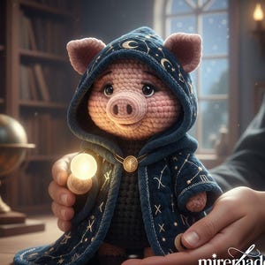 May include: A crocheted piglet wearing a dark blue hooded cloak adorned with celestial patterns and gold accents. The piglet holds a glowing orb. The image is set in a room with a library and a globe.