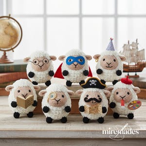 May include: A group of handmade crochet sheep dolls, each with different accessories. One sheep wears spectacles, another a superhero mask and cape, and another a pirate hat. Other sheep have a party hat, a book, a monocle, and an artist's palette.