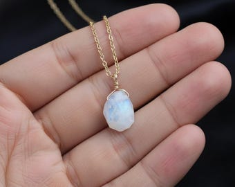 Raw Moonstone Pendant Necklace | Gold Chain, Blue Flash Crystal