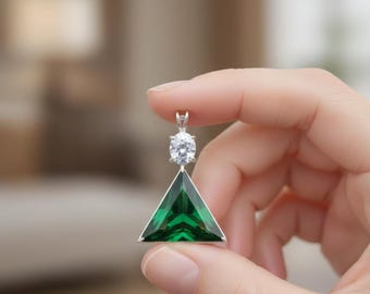Emerald Green Crystal Triangle Pendant Necklace, Silver Finish