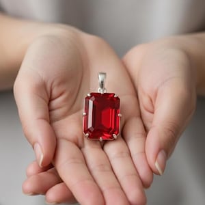 Peut inclure: Un pendentif rouge rubis rectangulaire avec un sertissage argenté. La pierre précieuse est tenue dans des mains ouvertes sur un fond gris clair. Les facettes du pendentif captent la lumière, révélant sa couleur et sa clarté vives.