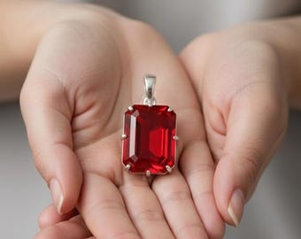 Lab Created Ruby Pendant • Emerald Cut Necklace