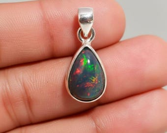 Teardrop Black Opal Pendant • Sterling Silver Bezel, Handmade