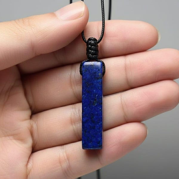 Lapis Lazuli Bar Pendant Necklace • Handmade Blue Stone on Black Cord