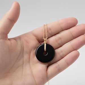 Black Onyx Donut Pendant Necklace • Gold Wire Wrapped Minimalist Gemstone Jewelry