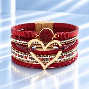 Op de afbeelding: Een meerstrengs rode armband met een goudkleurige hartbedel en een rond rood druzy accent. Het ontwerp bevat gevlochten rode banden in lederlook, rijen met heldere strass-steentjes en een magnetische goudkleurige sluiting.