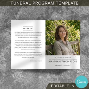 May include: Funeral program template with a photo of a woman, Hannah Thompson, and text. The program includes a thank you message from the family and details of her life, with dates 09.30.1985 - 01.05.2026.