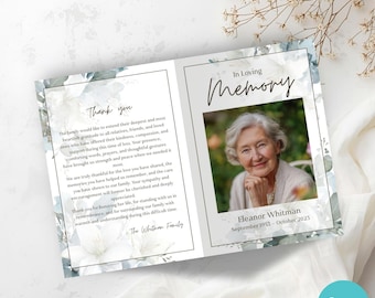 Watercolor Floral Funeral Program Template | Editable Canva Bi-Fold #F001