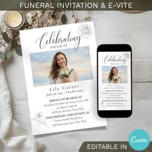 May include: A funeral invitation and e-vite design featuring a photo of a woman holding flowers. The invitation includes the text "Celebrating the Life of Lily Carter" with dates and service details. A smartphone displays the same design.