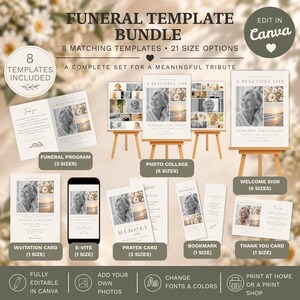 Paquete de plantillas para funerales, plantillas de Canva para la celebración de la vida, paquete de programas conmemorativos, conjunto de papelería funeraria, plantillas conmemorativas editables