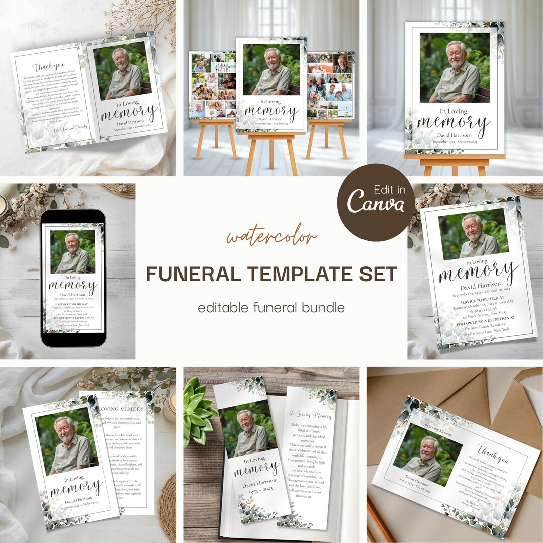 Watercolor Floral Funeral Program Template Set, Editable Memorial ...
