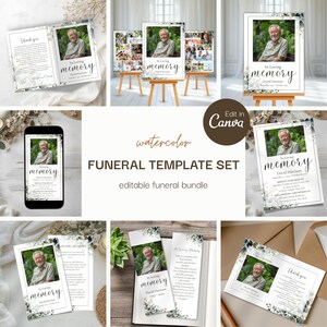 May include: A collection of funeral template designs with a watercolor theme. The designs include memorial cards, a phone screen, and easel displays, all featuring a photo and the words "In Loving Memory". The text "Funeral Template Set" is also visible.
