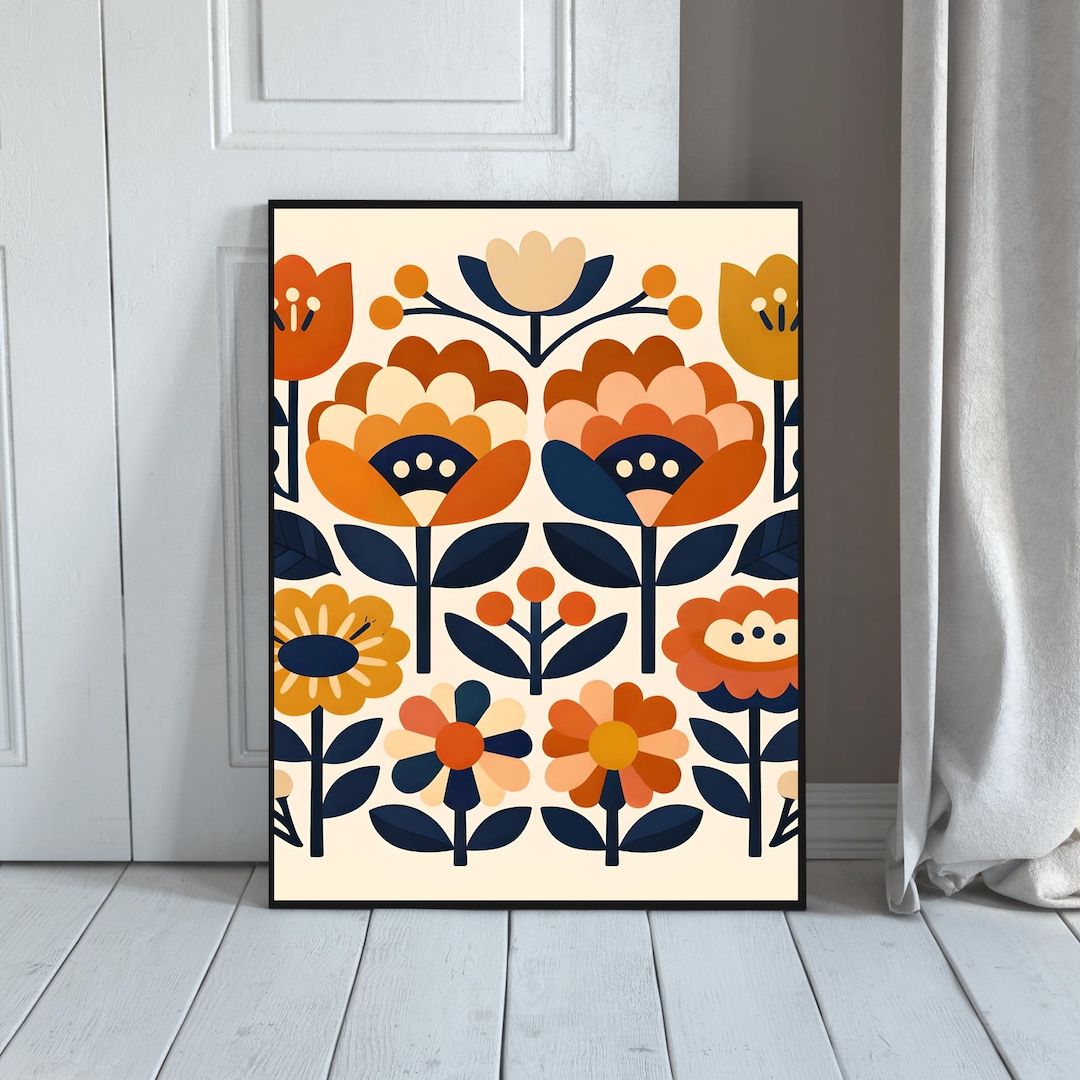 Scandinavian Folk Art Floral Print, Nordic Botanical Wall Art ...