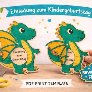 May include: Two green dragon-shaped birthday invitations with yellow wings and accents. The invitations have the text "Einladung zum Kindergeburtstag" and "PDF PRINT-TEMPLATE". A glue stick and scissors are also visible.