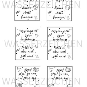 May include: A set of six white cards with black handwritten text and small illustrations. The cards feature phrases like "Chew instead of mourn!" and "For the nerves." The design includes smiley faces, candy, and brain graphics.
