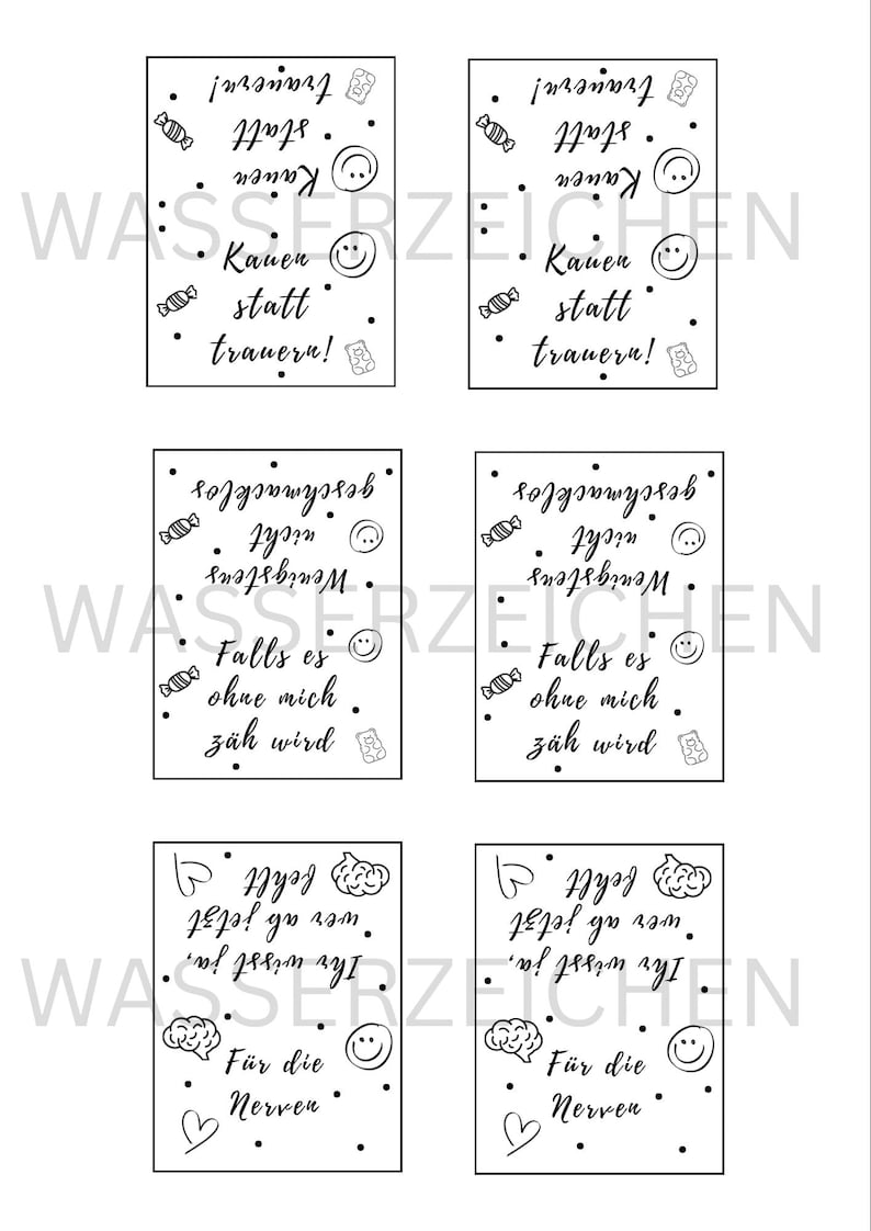 May include: A set of six white cards with black handwritten text and small illustrations. The cards feature phrases like "Chew instead of mourn!" and "For the nerves." The design includes smiley faces, candy, and brain graphics.