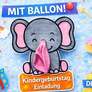 Könnte beinhalten: Eine farbenfrohe Geburtstagseinladung mit einem grauen Elefanten, rosa Ohren und Rüssel, Luftballons, einem Cupcake und Geschenken. Der Text enthält "MIT BALLON!" und "Kindergeburtstag Einladung".