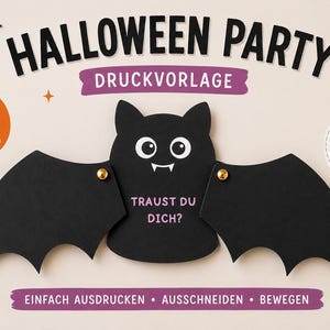 May include: A black paper bat craft with movable wings attached by gold fasteners. The bat features white eyes and fangs, with the German text "TRAUST DU DICH?" printed on its body. The image includes text "HALLOWEEN PARTY", "DRUCKVORLAGE", "SOFORT DOWNLOAD", "BEWEGLICHE FLÜGEL", and "EINFACH AUSDRUCKEN • AUSSCHNEIDEN • BEWEGEN".