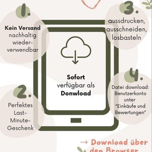 May include: An infographic with text in German, promoting digital downloads. It features a tablet graphic with a cloud icon, and instructions for downloading, printing, and using the digital product. The text includes "Digital Download" and "Download over the Browser."