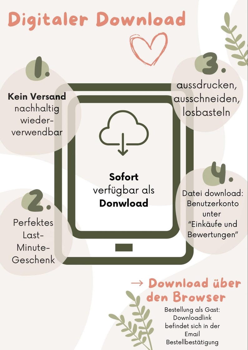 May include: An infographic with text in German, promoting digital downloads. It features a tablet graphic with a cloud icon, and instructions for downloading, printing, and using the digital product. The text includes "Digital Download" and "Download over the Browser."